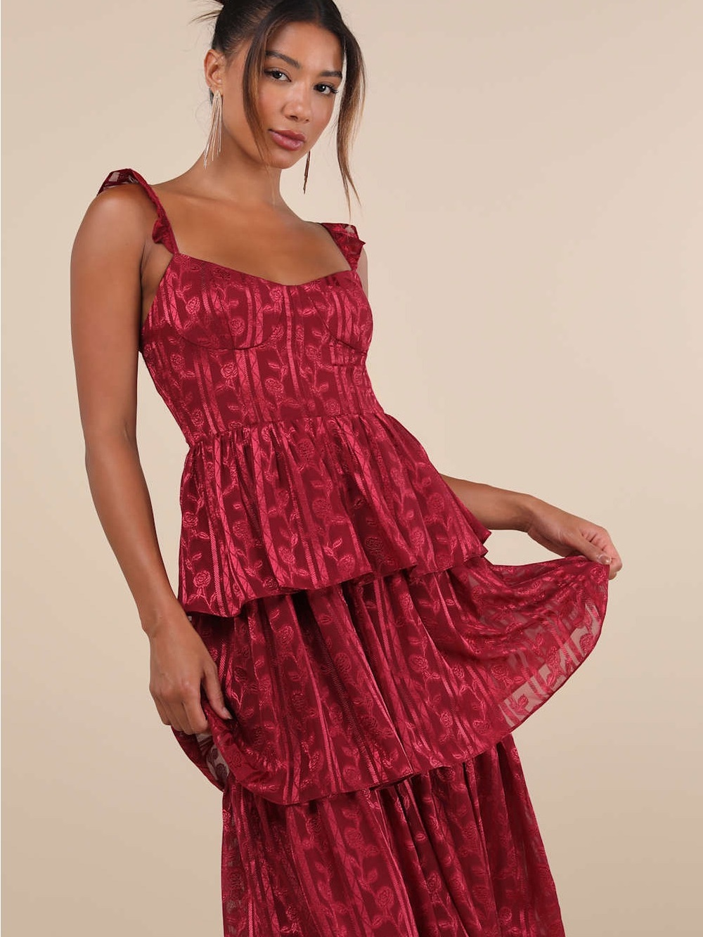 Lulu's Burgundy Tiered Maxi Dress with Tie Straps